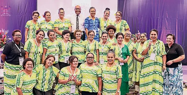 Minister for Trade and chief guest Manoa Kamikamica (back row: fourth from left), Women in Media (WiM) Fiji president Rosi Doviverata (back row: fifth from left), with WiM Fiji members during the inaugural Women in Media (WiM) Fiji Conference at the Grand Pacific Hotel in Suva, on June 18, 2025. Photo: DEPTFO News
