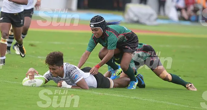 Fijiana’s Asinate Savu goes in for her second try against Vanuatu at ANZ Stadium on November 7, 2019. Photo: Ronald Kumar