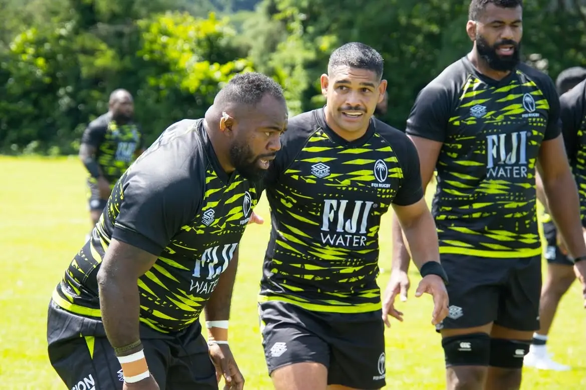 Flying Fijians players from left: Mesake Doge, Sam Matavesi and Tevita Ratuva during the team’s training session on July 3, 2026. Photo: FRU Media