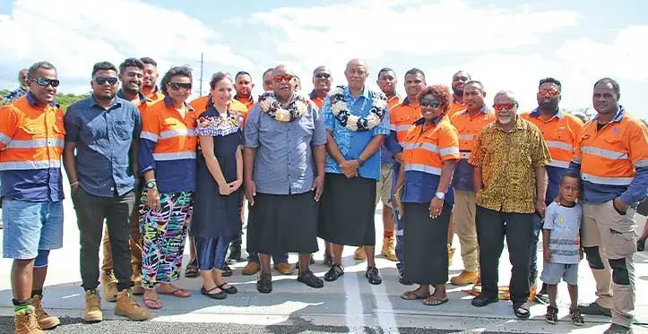 The Minister for Public Works, Transport and Meteorological Services Ro Filipe Tuisawau and acting Deputy Australian High Commissioner Sophie Temby, (front row, fourth from left), during the commissioning of the Yaqara Bridge in Ra. Photo: Fiji Roads Authority
