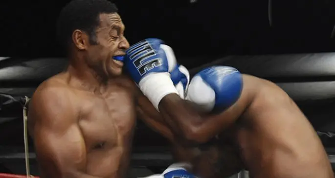 Fijian light heavyweight champion Savenaca Naliva (left) on attack against John Korake of Papua New Guinea at the AD Patel College ground in Ba on February 29, 2020. Nalive won on second round knockout. Photo: Waisea Nasokia