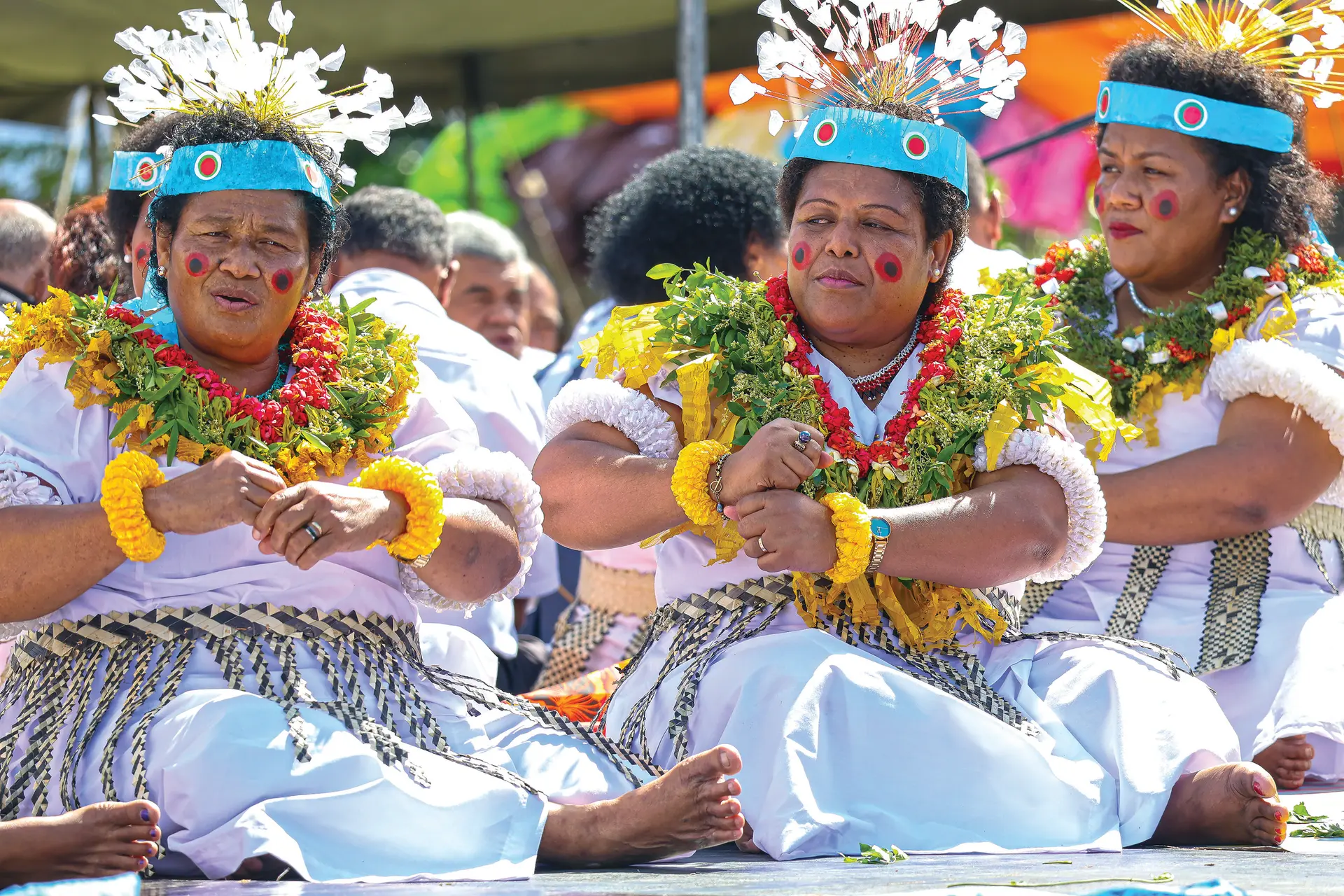 Women from Namuka-i-Lau perform a Vakamalolo (Meke ni Vei Buli) during the opening ceremony of the Bose ni Yasana ko Lau at the Great Council of Chiefs (GCC) grounds in Nasese, Suva