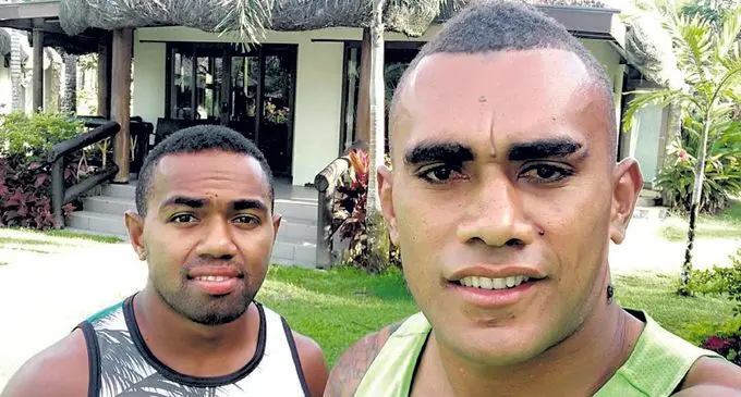 From left Fiji Airways Fijian 7s reps Waisea Nacuqu and Eroni Sau at Uprising Fiji Beach Resort in Pacific Harbour, Deuba on February 15, 2018  .