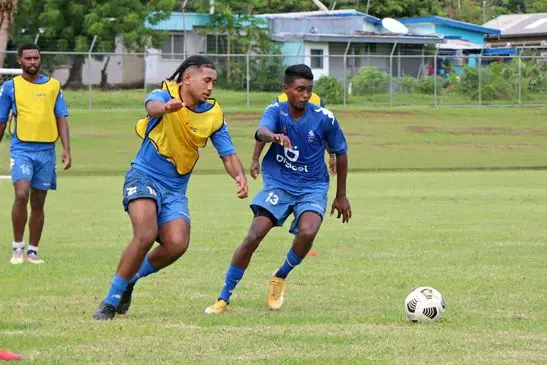 England based Peter Ravai (left) and Muni Shivam Naidu (right) during the Digicel National team training session at the Fiji FA Academy in Ba yesterday.