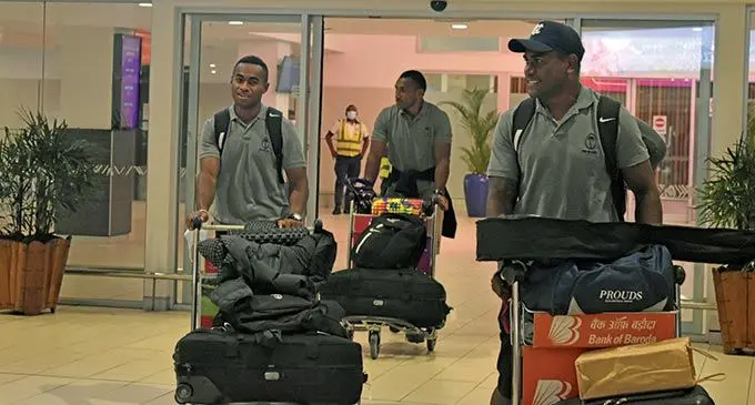 Fijian 7s reps Vuiviwa Naduvacu (left) and Aminiasi Tuimaba (right) at nadi International Airport on June 27, 2022. Photo: Nicolette Chambers
