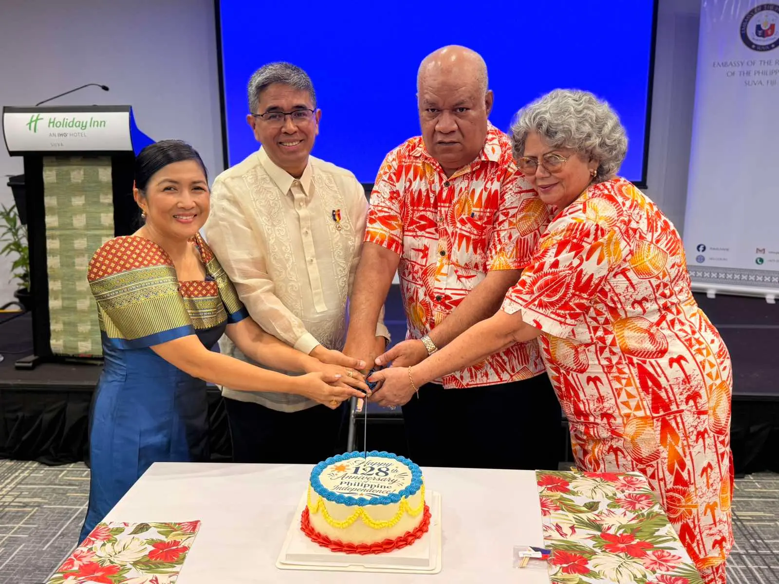 Madame Dorothy Delgado Novicio, Philippines Ambassador to Fiji Noel Mangaoang Novicio, Chief Justice Salesi Temo, and wife Talei Temo during the diplomatic reception in celebration of the 128th Anniversary of the Proclamation of Philippine Independence at the Holiday Inn, Suva on June 11, 2026.