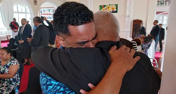 Son Josua Nata embraces his father, Josefa Nata, for the first time in 20 years at the State House on December 20, 2023. Photo: Ronald Kumar