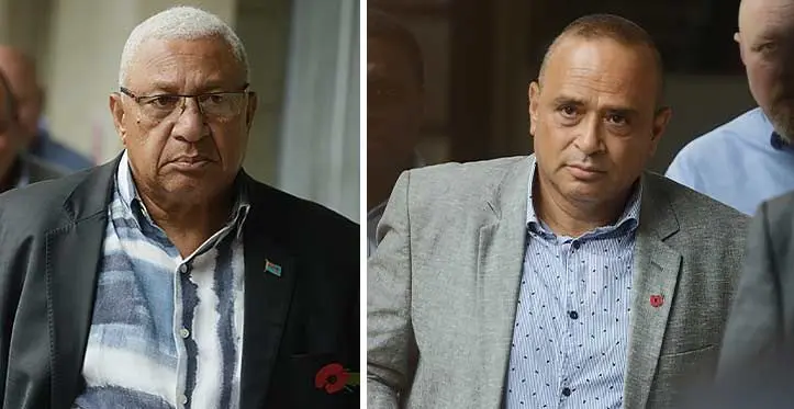 Former Prime Minister Voreqe Bainimarama and suspended Commissioner of Police Sitiveni Qiliho outside Court on October 4, 2023. Photo: Ronald Kumar