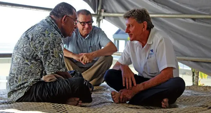 Merelesita Lutu’s father Emosi Lutu (left) speaking with the Manager of the Pacific Flying School Paul Hilton (middle) and Pacific Flying School owner Tim Joyce at their Tamavua residence in Suva.  Photo: Simione Haravanua.