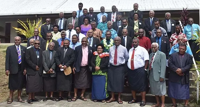 Assistant Minister for iTaukei Affairs, Selai Adimaitoga (wearing garland) with participants of the Ra Provincial Council Meeting at the Ra Provincial Council Hall, in Nanukuloa, Ra on February 28, 2019.   Photo: Waisea Nasokia