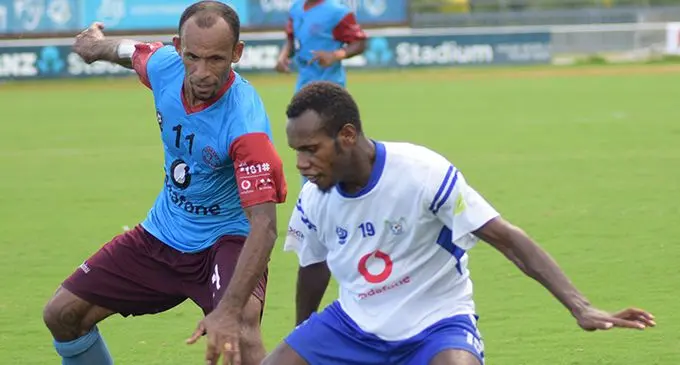 Nasinu defender Usaia Tadu defends against Lauoka at the ANZ Stadium, Suva on March 3,2019.  Photo: Simione Haravanua