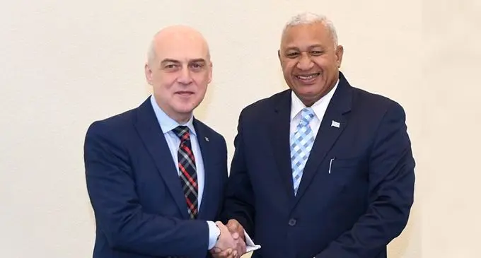 Prime Minister Voreqe Bainimarama, right,  with the Minister for Foreign Affairs of Georgia, David Zalkaliani.  Photo: DEPTFO News