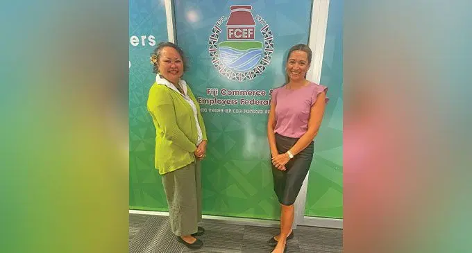 From left: Fiji Commerce and Employers Federation’s Women Entrepreneurs and Business Council interim chair Sharyne Fong with board member Rowena Taito on July 19, 2023. Photo: Maraia Vula