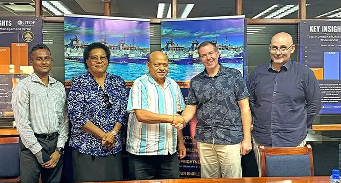 Mahipriya Meddepola (Director SSTL), Adi Faranisese Ligalevu (Shareholder and SSTL Director), Himmat Lodhia (Chairman of SSTL), Joshua Purcell and Peter Diplas (Executive director - Emerging business and strategic partnership, Knight Facility Management) during the MOU signing at the Unit Trust of Fiji head office, FNPF Plaza in Suva on October 7, 2024. Photo: Asenaca Ratu