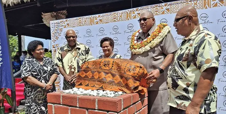 Tui Macuata Ratu Wiliame Katonivere (fourth from left), and his wife, Filomena Katonivere (third from left), with Fiji National University executives at the Namaka FNU Campus. Photo: Mereleki Nai