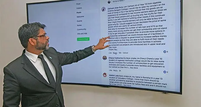Attorney-General and Minister for Economy Aiyaz Sayed-Khaiyum reviewing some of the 2019-2020 national budget online consultation questions and feedback from students on March 5, 2019. Photo: DEPTFO News