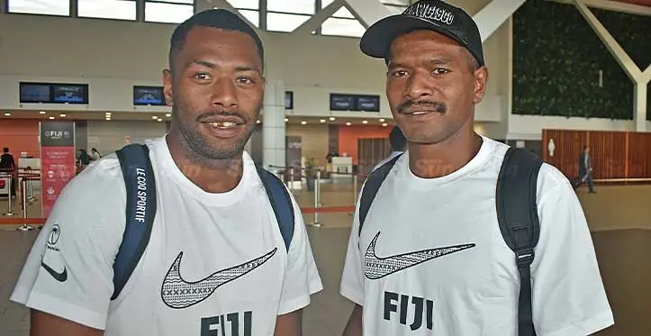 France-based Naibuka Rokoua (left) with Penaia Nawaqabuli of the Fiji Development 7s team at Nadi International Airport on June 7, 2023. Photo: Waisea Nasokia