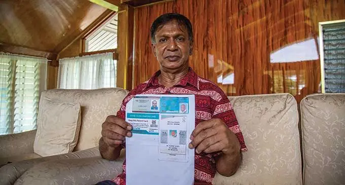 Regent Taxis Pte Limited Managing Director Harish Chandra at his home in Toorak, Suva, with the idenfication details of the missing driver on April 3, 2022. Photo: Leon Lord