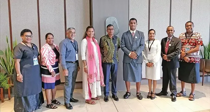 From left: Ela Tukutukulevu, Dr. Rachel Devi, Dr James Fong, Minister for Women, Children and Poverty Alleviation, Lynda Tabuya, Deputy Prime Minister, Biman Prasad, Minister for Education, Aseri Radrodro, Ms Ranjana Prasad, Mr. Rohitesh Chand, Dr Jemesa Tudravu at Sofitel Fiji Resort & Spa at Denarau in Nadi. Photo: Mereleki Nai