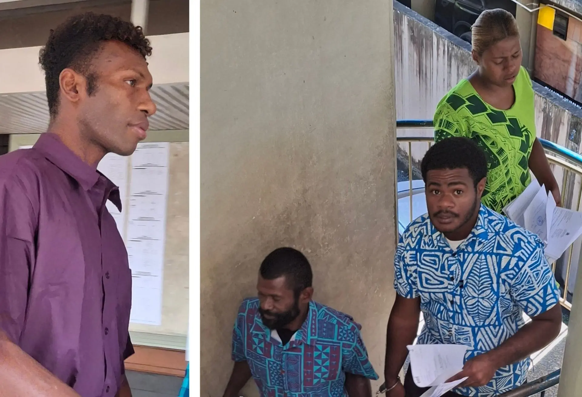 Left: Paula Caginicolo. Right: Meli Bavesi, 22, Suliasi Naikaimuri, 42, and Josivini Naisaucou, 20, at the Lautoka Magistrate Court.