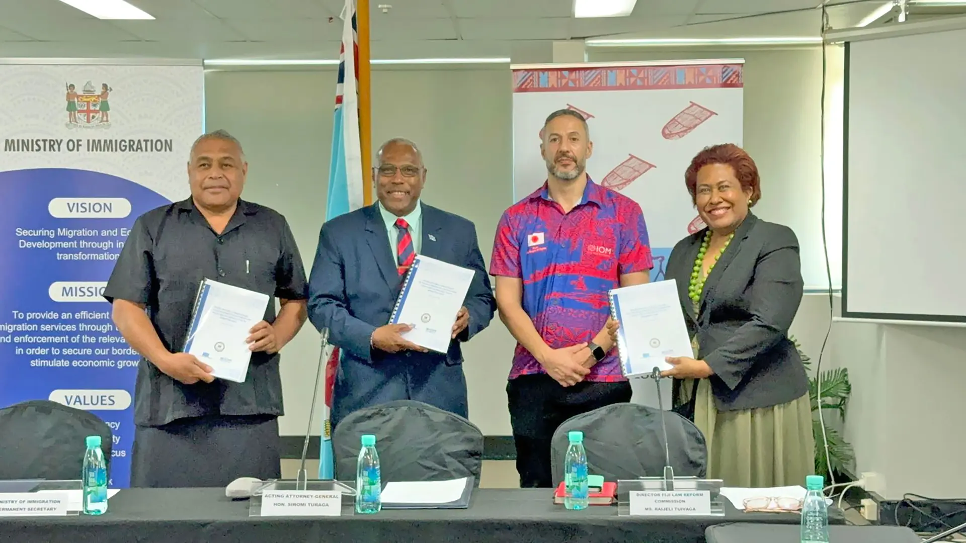 From left: Immigration permanent secretary Aliki Salusalu, Acting Attorney-General Siromi Turaga, Officer in Charge Sub regional coordinator for the South Pacific, International Organisation for Migration Hassan el Maaroufi and Fiji Law Reform Commission director Raijeli Tuivaga on November 10, 2025. 
