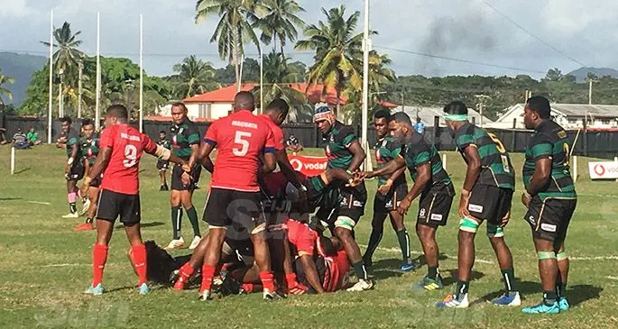 Macuata captain Petero Vucu (9) looks at his options as team-mate Joseva Tamani (5) looks on against Ovalau at Subrail Park, Labasa on August 29, 2020. Photo: Renu Radhika