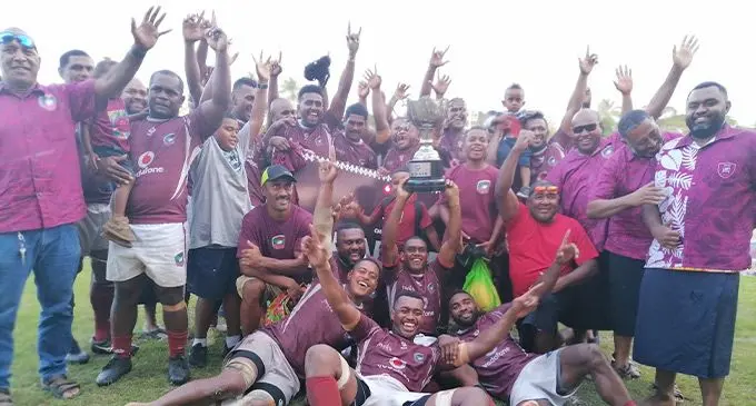 Lautoka players and officials celebrate ay Garvey Park, Tavua, on August 19, 2023. Photo: Mereleki Nai. 