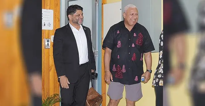 From Left: Former A-G, Aiyaz Sayed- Khaiyum with the former Prime Minister Voreqe Bainimarama at Toorak, Suva on February 14, 2023. Photo: Ronald Kumar