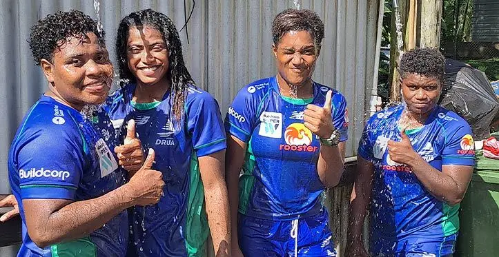 Rooster Chicken Fijiana Drua reps (from left), Karalaini Naisewa, Sera Bolatini, Adita Miliana, and Litia Mara cool off at Lawaqa Park, Sigatoka, on March 20, 2023. Naisewa was one of the stars of the Fijiana Drua when they hoisted the SuperW title last year. Photo: Waisea Nasokia