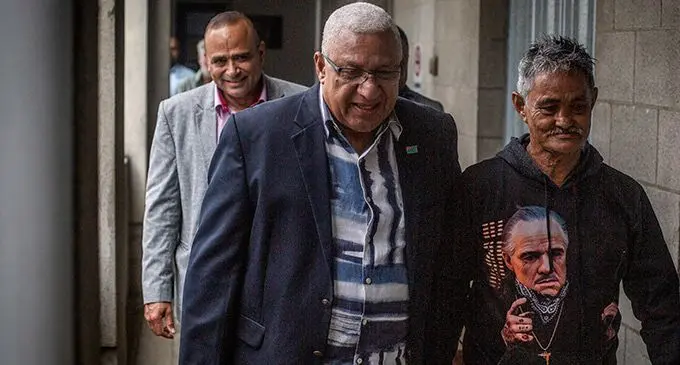 Suspended Police Commissioner Brigadier-General Sitiveni Qiliho and Former Prime Minister Voreqe Bainimarama at the Magistrates court on August 7, 2023. Photo: Josua Buredua