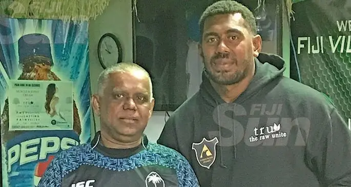From left; Businessman Shamim Khan with Fiji Airways Fijian 7s utility player Kalioni Nasoko during a fundraising drive in Vancouver, Canada last week. Photo; Asuad Ali