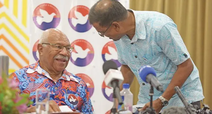 The People’s Alliance leader Sitiveni Rabuka and National Federation Party leader Biman Prasad after the joint press conference. Photo: Ronald Kumar