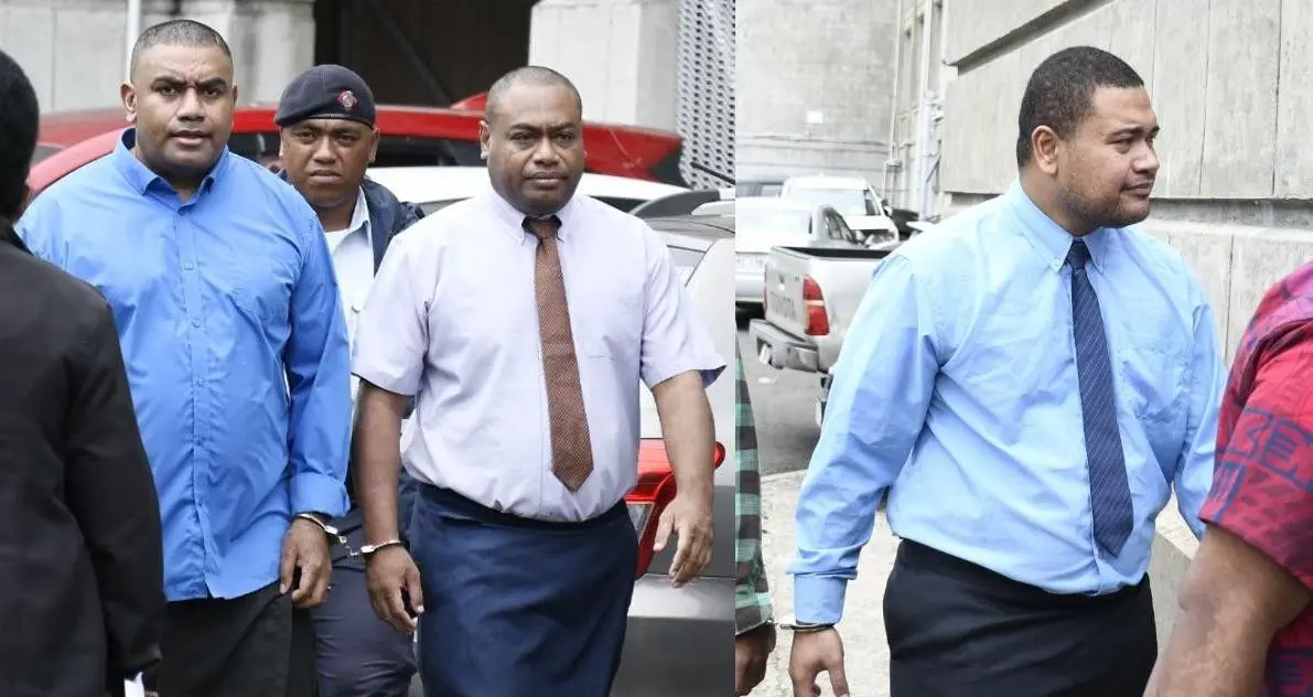 From left: Eroni Bati, Seveloni Lubi and Alipate Matadigo outside the Suva Courthouse  on December 16, 2025.