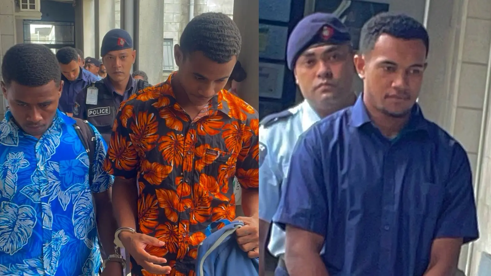 From left: Alexander Leweniqila, Manoa Vakavunivalu and Aisake Lovobalavu outside the Suva Magistrate Court yesterday.