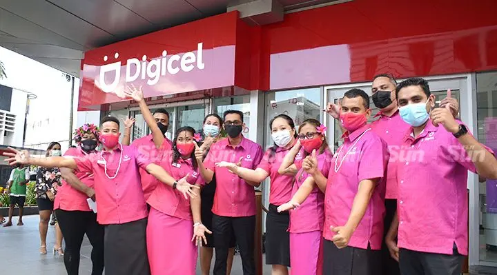 Digicel Fiji CEO, Farid Mohammed with staff celebrate the opening of their Tappoo City outlet opening on February 16, 2022. Photo: Ronald Kumar.