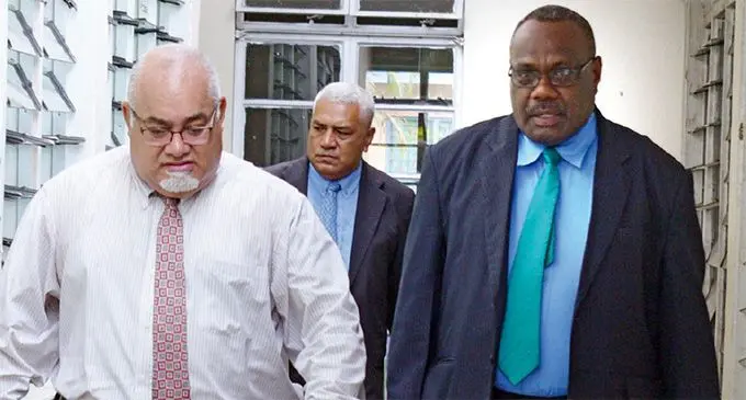 Ratu Epenisa Cakobau (left) followed by Saimoni Waibuta, Deputy Secretary Ministry of iTaukei Affairs with Tailevu Provincial Council chairperson Rusiate Tudravu during the council meeting at Nausori Village on March 22, 2019. Photo: Ronald Kumar