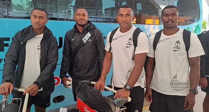 Fiji Airways Fijian men’s sevens reps (from left) Jerry Matana, Ioane Teba, Tira Welagi, Josevani Soro at Nadi International Airport on October 30, 2022. Photo: Waisea Nasokia