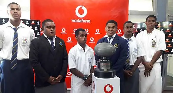 Secondary school representatives at the Vodafone Deans competition announcement at the Vodafone headquarters, in Suva, on July 20, 2022. From left: Lelean Memorial School’s Tevita Batiweti, Ratu Kadavulevu School under-18 captain Tawake Vakacegu, Shiri Gurunanak Khalsa College Under-17 captain Peni Baikeiyasawa, Queen Victoria School Under-18 captain Tomasi Seru, Nasinu Secondary School’s Lorosio Qaranivalu and Marist Brothers High School’s Benjamin Naivalu. Photo: Sereana Salalo