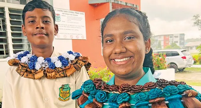 Mahatma Gandhi Memorial (MGM) Primary School head boy Jai Dayal and head girl Avani Bhuvana Kumar after their prefects’ induction ceremony in Suva on May 3, 2022. Photo: Nolishma Narayan