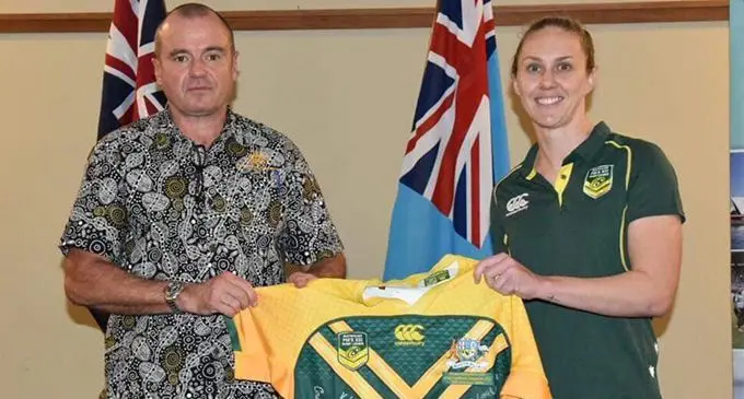 Australian High Commissioner to Fiji John Feakes with Australian women’s team member Amanda Thomas at Suva’s Grand Pacific Hotel on October 9, 2019. Photo: Australian High Commission