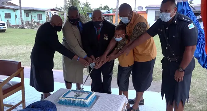 Senior Police officers with guests and Commissioner Northern Uraia Rainima (third from left), in Labasa, cut the cake to observe fallen comrades of the Fiji Police Force. 