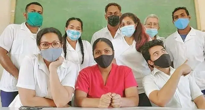 Peceli Bakani Vosanibola standing far left with other medicine students in Cuba.