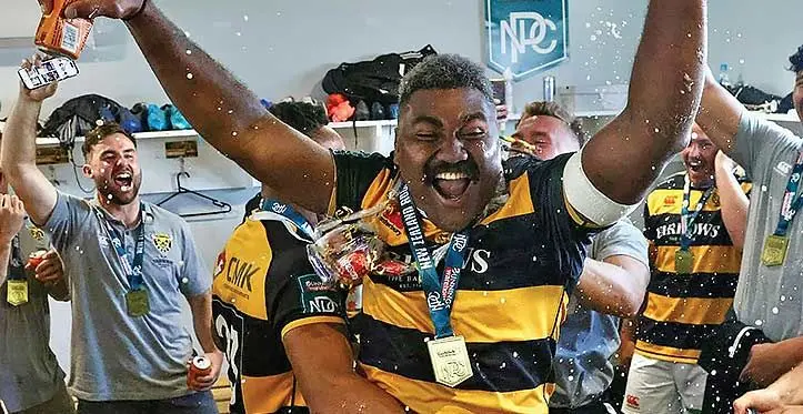 Taranaki Bulls No.8 Pita Gus Sowakula celebrates their 22-19 win over Hawkes Bay to clinch the New Zealand National Provincial Championship (NPC) title at Yarrow Stadium in New Plymouth on October 21, 2023. Photo: Taranaki Bulls