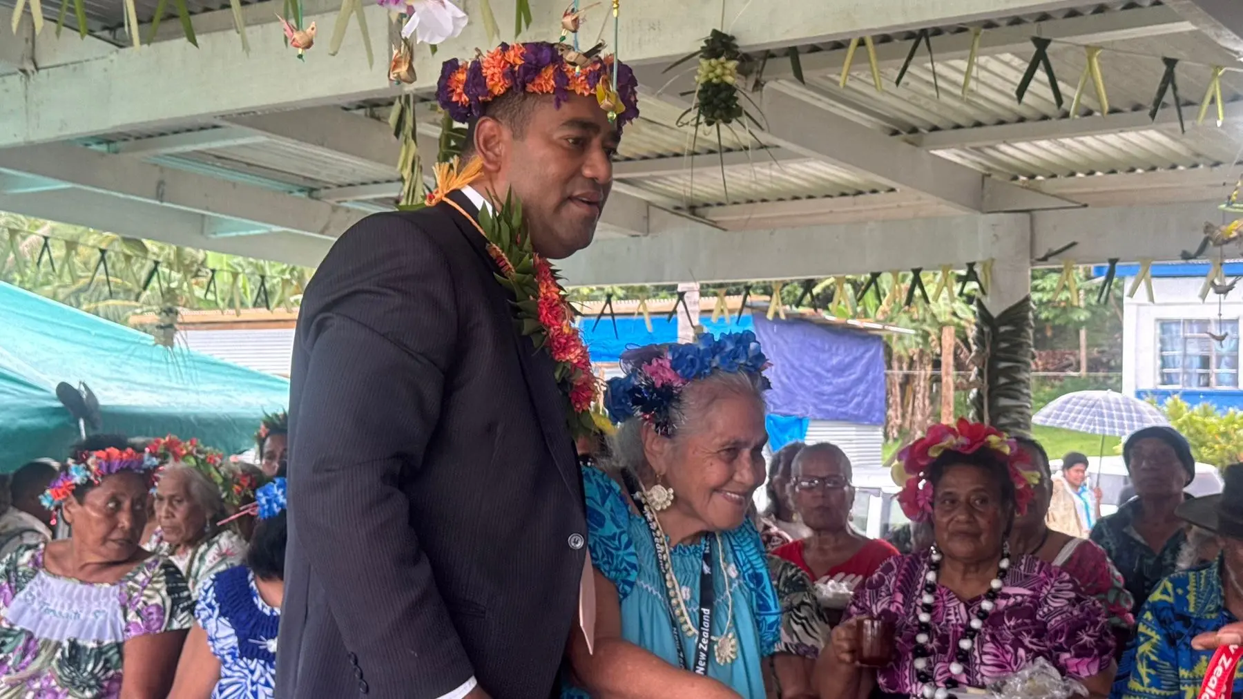 Tute Louis Tetiarahi with Minister for Lands and Mineral Resources Filimoni Vosarogo after receiving her 80th anniversary commemorative medal on December 15, 2025