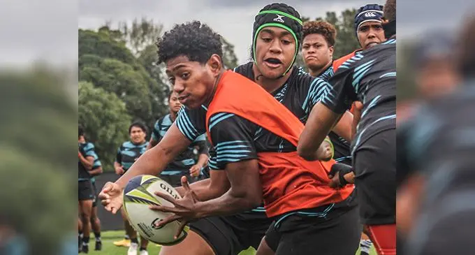 Rooster Chicken Fijiana XVs winger Ana Maria Naimasi is tackled by lock Sulita Waisega during training in Auckland, New Zealand, on October 5,2022. Photo: FRU Media