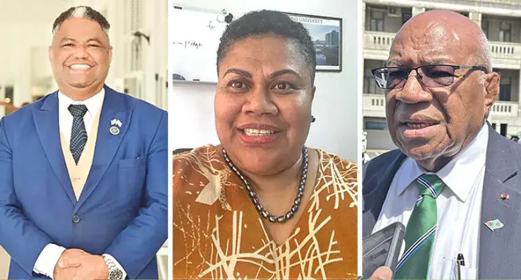Photographs of SODELPA general secretary Viliame Takayawa, Former SODELPA MP Tanya Waqanika and Prime Minister Sitiveni Rabuka.