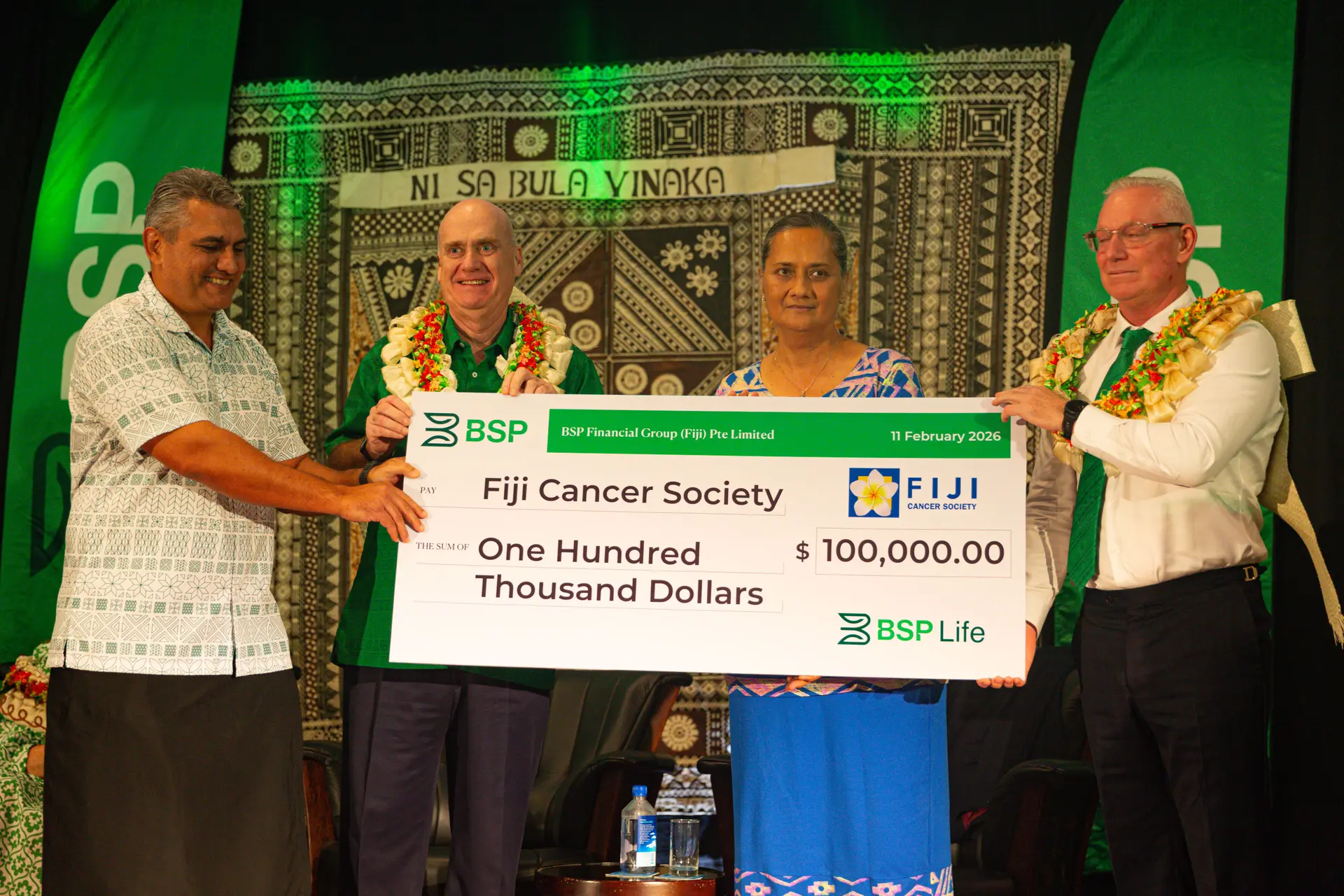 Fiji Cancer Society chief executive officer Belinda Chan (third from left) receives the $100k donation from Bank South Pacific (BSP) Financial Group executives during BSP Life's 150-year milestone at the Grand Pacific Hotel on February 11, 2026.