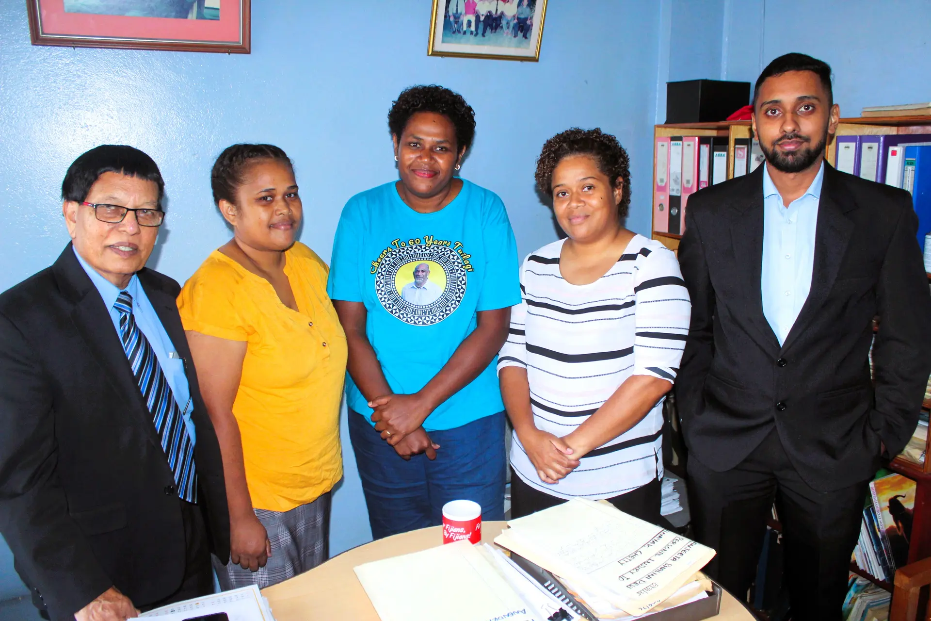  (second from left) Relieved clients, Usebia Ciba, Rosa Tunabuna, Anaseini Diroko with their legal counsel from Sarju Prasad Esquire, Mohammed Hussain and Sarju Prasad, in Labasa Town. Photo: Sampras Anand. 