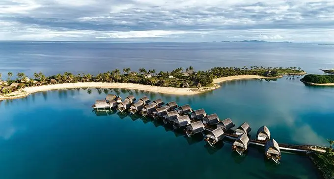 Aerial view of Fiji’s first overwater resort, Marriott Fiji Momi Bay.