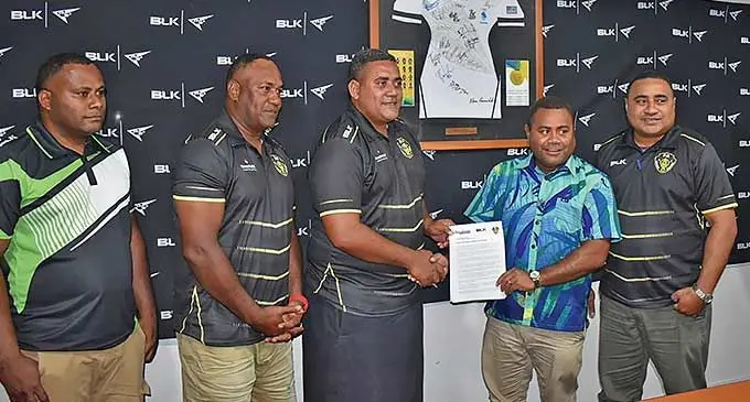 From left: Ba Rugby Union director of rugby Vilimoni Delasau, Gaby Kautoga, BLK Fiji general manager Asesela Serau and sales manager Donasiano Kalou. Photo: Waisea Nasokia